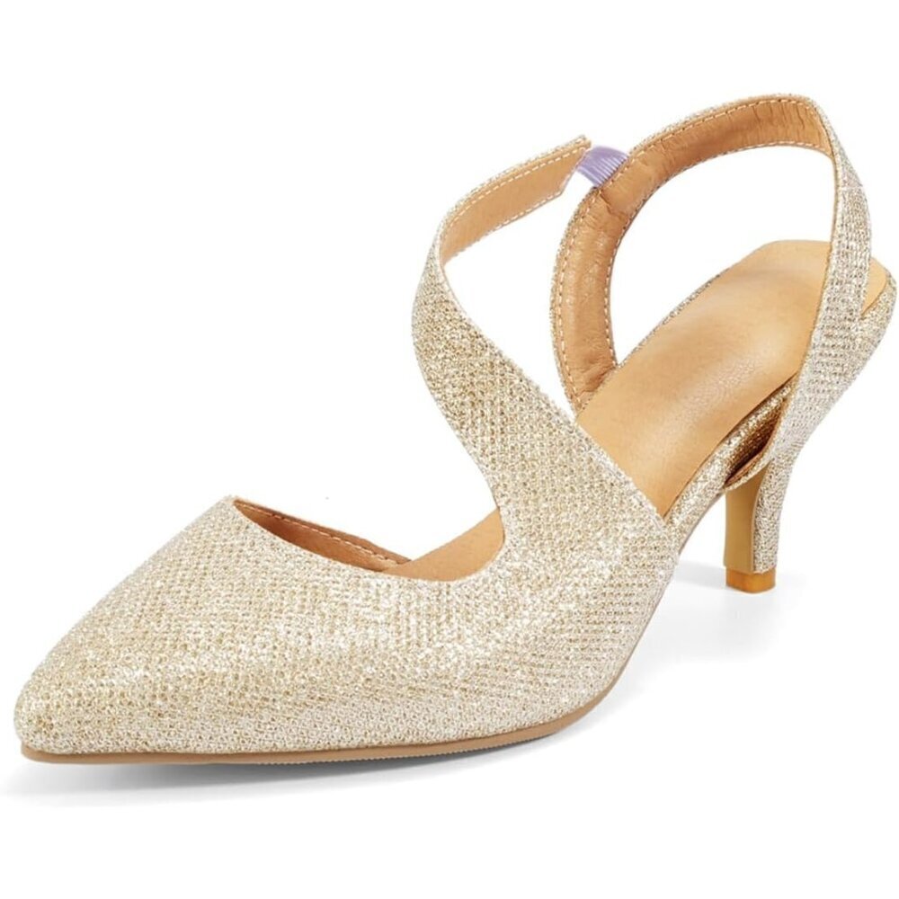 🆕Rhinestone Kitten Gold Low Heel Sparkly Pumps for Women Dressy Wedding Shoes